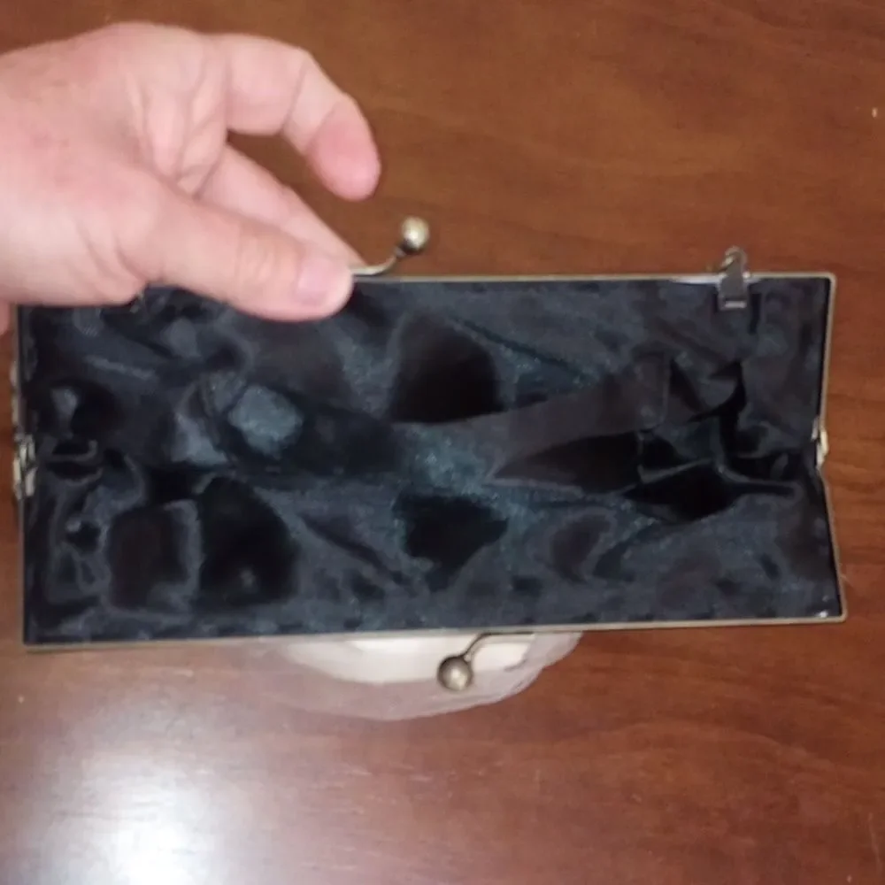 Black & Cream Brocade Evening Bag Clutch Satin Flower, Lace Netting, Chain Strap